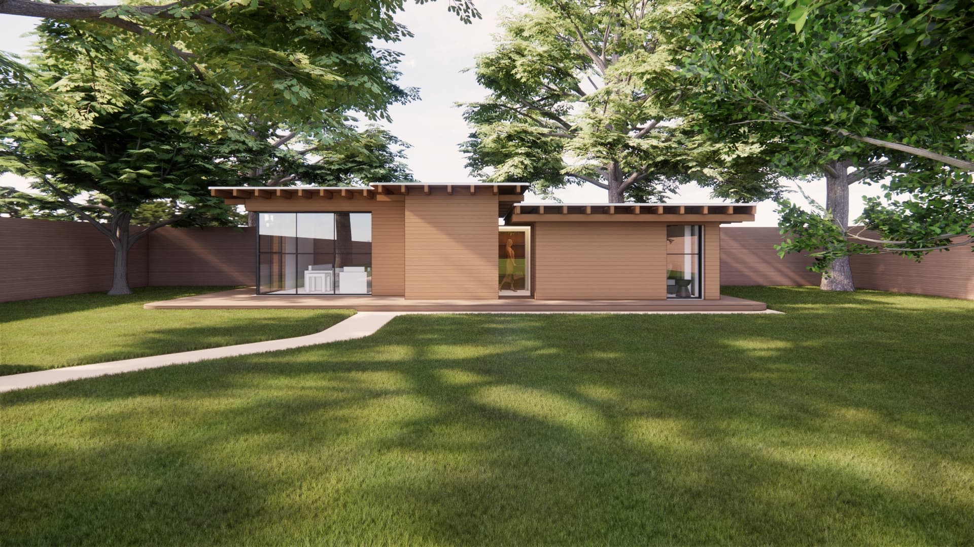 Exterior of the Member Suite unit — combined studio and bedroom — across a landscaped backyard.